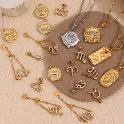 Collana con Ciondolo Tarocchi 12 Costellazioni Vintage in Acciaio Inossidabile per Donna Placcato Oro 18K Zirconia Gioielli Celestiali Anello Regolabile