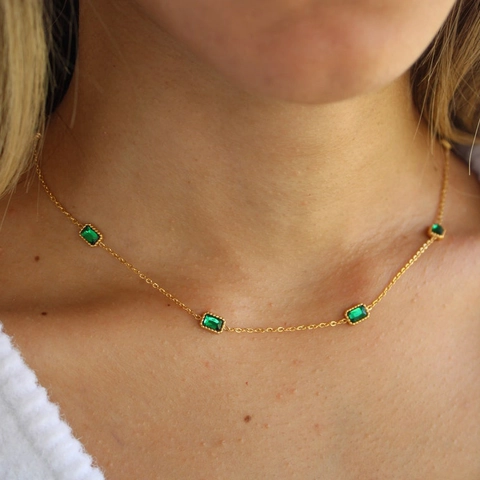 Vintage Stainless Steel Emerald Green Rhinestone Necklace Bracelet Set For Women Luxurious Geometric Square Pendant Jewelry