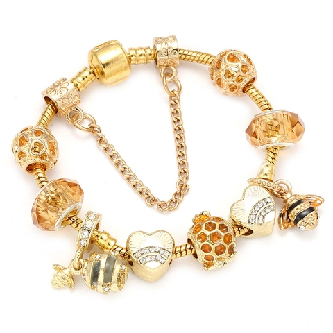 Gold Plated Alloy Honey Bee Charm Bracelet For Women Amber Glass Beads Heart Rhinestone Inlaid Snake Chain DIY Jewelry