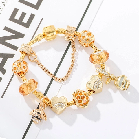 Gold Plated Alloy Honey Bee Charm Bracelet For Women Amber Glass Beads Heart Rhinestone Inlaid Snake Chain DIY Jewelry
