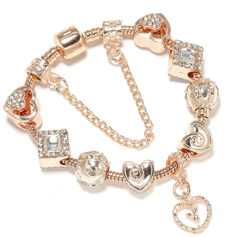 Bracelet Charms DIY Or Rose Alliage Perles Cœur Pendentif Fée Bracelet Chaîne Serpent Pour Femmes Bijou Cadeau Saint Valentin