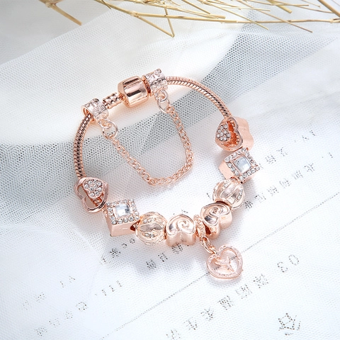 Bracelet Charms DIY Or Rose Alliage Perles Cœur Pendentif Fée Bracelet Chaîne Serpent Pour Femmes Bijou Cadeau Saint Valentin