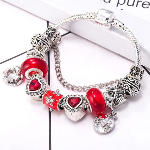 Europese Legering Rood Hart Glazen Kralen Bedelarmband Voor Dames Strass Emaille Windmolen Hanger Sieraden Valentijnsdag Cadeau