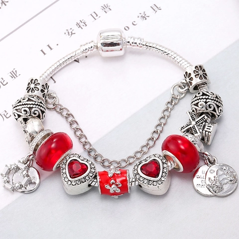 Europese Legering Rood Hart Glazen Kralen Bedelarmband Voor Dames Strass Emaille Windmolen Hanger Sieraden Valentijnsdag Cadeau