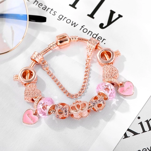 Rose Gold Heart Mother Charm Bracelet Austrian Crystal Rhinestone Beads European Style Jewelry Women Mother Day Gift