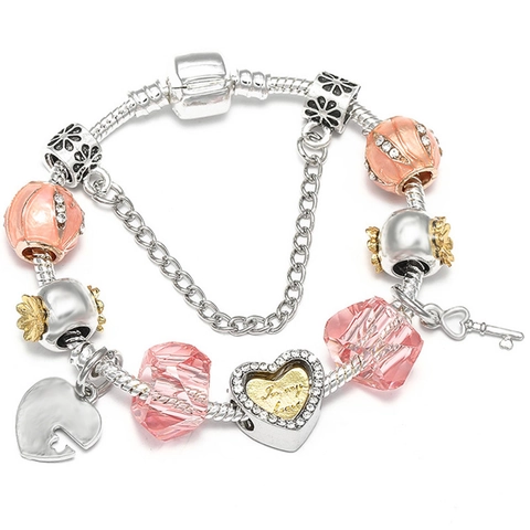 Dames DIY Roze Charm Armband Hart Sleutel Hanger Legering Slangenketting Sieraden Strass Glazen Kralen Valentijnsdag Cadeau