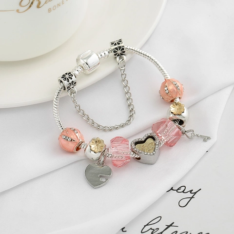 Dames DIY Roze Charm Armband Hart Sleutel Hanger Legering Slangenketting Sieraden Strass Glazen Kralen Valentijnsdag Cadeau