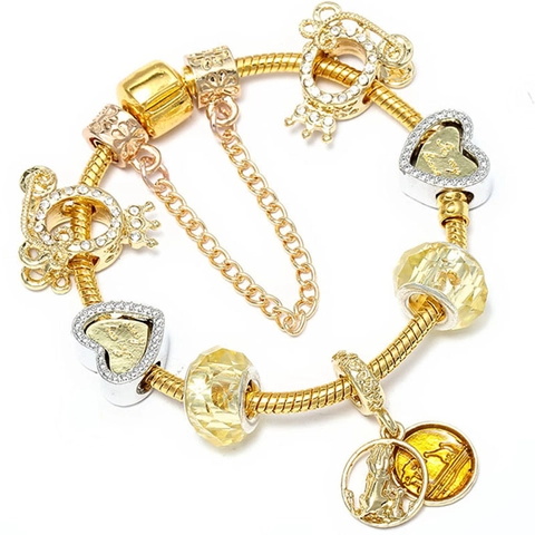 Goldlegierung Charm-Armband Für Damen Herz Krone Anhänger Gelbe Kristallperlen Schlangenkette DIY Schmuck Geschenk