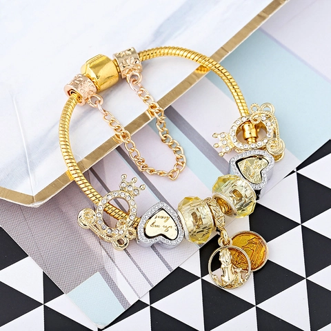 Goldlegierung Charm-Armband Für Damen Herz Krone Anhänger Gelbe Kristallperlen Schlangenkette DIY Schmuck Geschenk