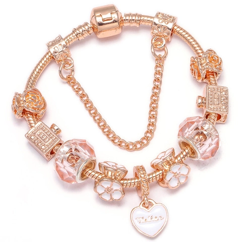Rose Gold Beaded Snake Chain Bracelet Heart Mother Charm Floral Perfume Bottle Alloy Bracelet Jewelry For Women Gift