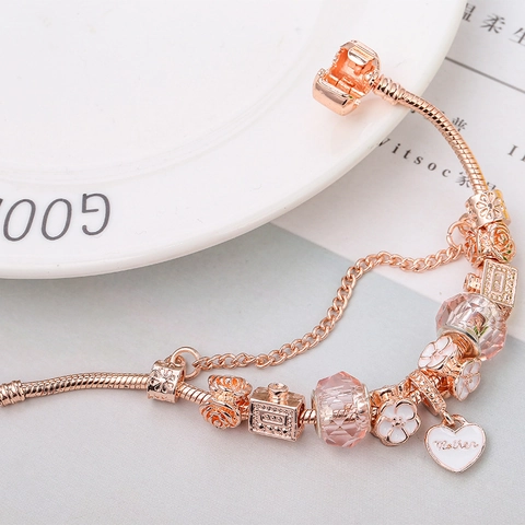 Rose Gold Beaded Snake Chain Bracelet Heart Mother Charm Floral Perfume Bottle Alloy Bracelet Jewelry For Women Gift