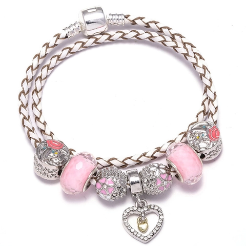 Women Double Wrap White Braided Leather Charm Bracelet With Heart Pendant Pink Glass Flower Beads Romantic Fashion Jewelry
