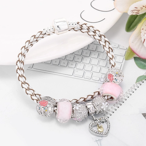 Women Double Wrap White Braided Leather Charm Bracelet With Heart Pendant Pink Glass Flower Beads Romantic Fashion Jewelry