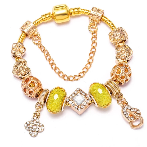 Eleganz Legierung Schlangenkette Charm-Armband Mit Herz Anhänger Gelbe Synthetische Kristallperlen Strass Eingelegt Schmuck Für Damen