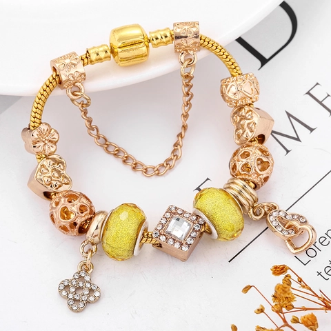 Eleganz Legierung Schlangenkette Charm-Armband Mit Herz Anhänger Gelbe Synthetische Kristallperlen Strass Eingelegt Schmuck Für Damen