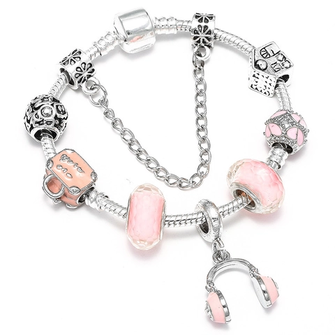 Fashion Pink DIY Beaded Bracelet For Women Alloy Heart Travel Suitcase Music Headphone Pendant Snake Chain Jewelry Gift