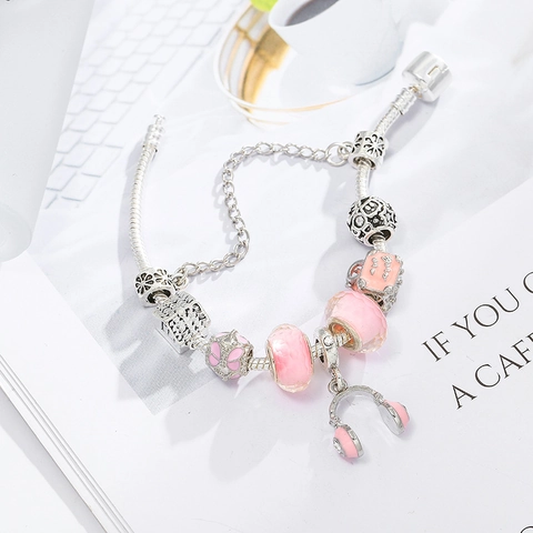 Fashion Pink DIY Beaded Bracelet For Women Alloy Heart Travel Suitcase Music Headphone Pendant Snake Chain Jewelry Gift