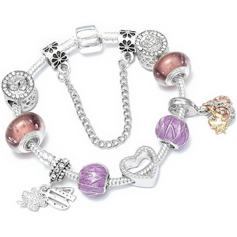 Silver Snake Chain Beaded Bracelet With Purple Pink Glass Beads Heart Ladybug Clover Pendants DIY Fashion Jewelry For Women