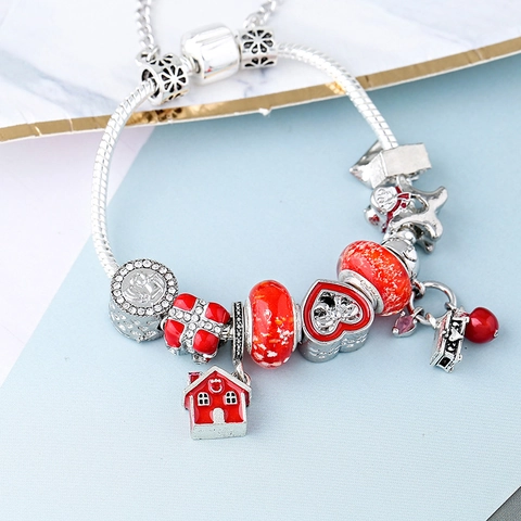 Alloy Enamel Snowman Charm Bracelet Red Heart House Gift Box DIY Snake Chain Winter Christmas Holiday Jewelry Gift For Women