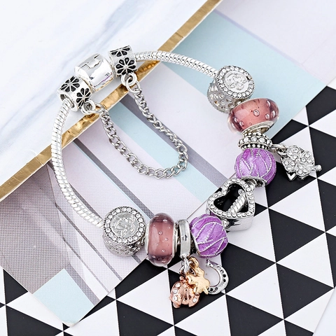 Silver Snake Chain Beaded Bracelet With Purple Pink Glass Beads Heart Ladybug Clover Pendants DIY Fashion Jewelry For Women