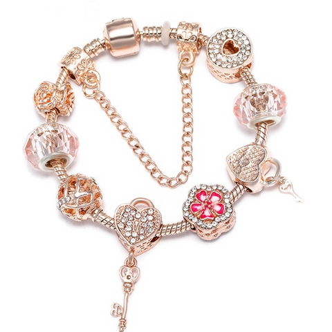 Pulsera De Dijes Aleación Oro Rosa Con Candado Corazón Llave Flor Rosa Esmalte Diamante De Imitación Cuentas Cristal Artificial Mujer