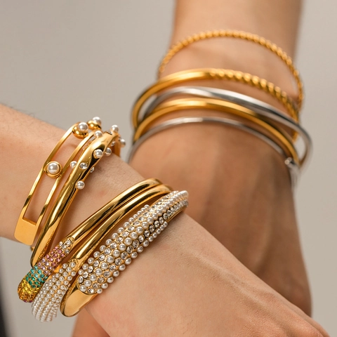 Stainless Steel Bangle Bracelet 18K Gold Plated Multi Layer Rhinestone Artificial Pearl Geometric Fashion Jewelry For Women