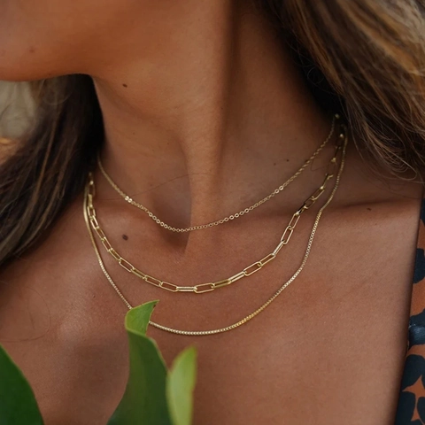 Collana A Strati Placcata Oro 18K Acciaio Inossidabile Catena Graffetta Scatola Resistente All'acqua Gioielli Donna