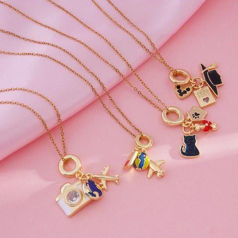 Copper Necklace With 18k Gold Plated Cubic Zirconia Pendants Travel Graduation Sports Theme Enamel Jewelry For Women