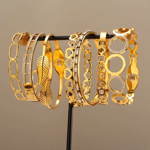 Fashion Titanium Steel Rhinestone Bangle Bracelet For Women Gold Plated Hollow Heart Feather Geometric Open Cuff Jewelry Gift