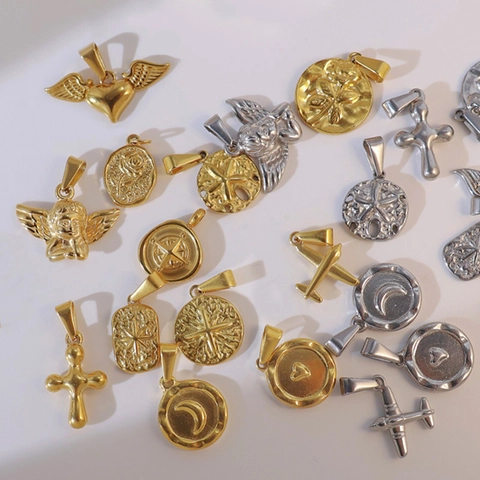 Pendentif en Acier Inoxydable Vintage pour Collier Ange Cupidon Croix Cœur Boussole Avion Étoile Plaqué Or 18K Breloques