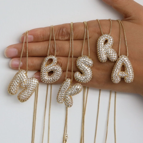 Mode Messing Bubble Buchstabe Halskette Für Damen Gold Plattiert Strass Initialen Ballon Anhänger Hip Hop Personalisierter Schmuck