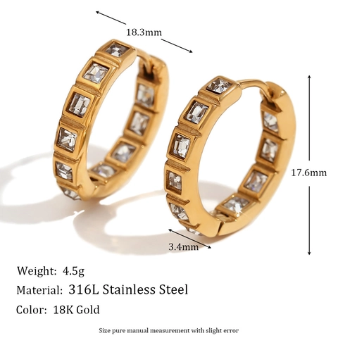 Pendientes de Aro Huggie de Acero Inoxidable 316L Chapado en Oro de 18K con Zirconia Cuadrada Joyería Minimalista Mujer