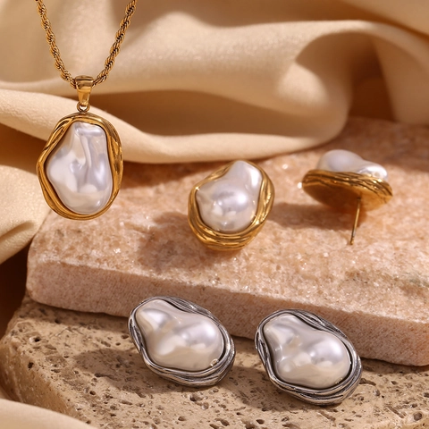 Baroque Artificial Pearl Stainless Steel Necklace Earrings Set Irregular Geometric Metal Frame Gold Silver Plated Jewelry For Women