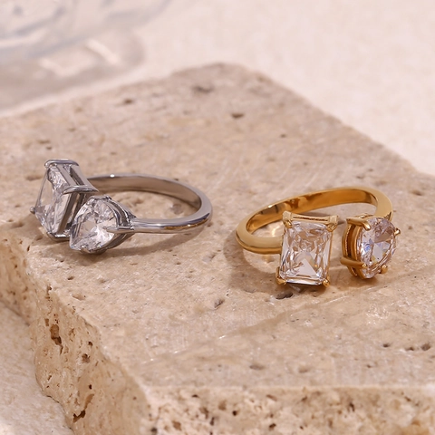 Adjustable Open Ring Stainless Steel 18K Gold Plated Pear And Emerald Cut Zircon Toi Et Moi Elegant Minimalist For Women