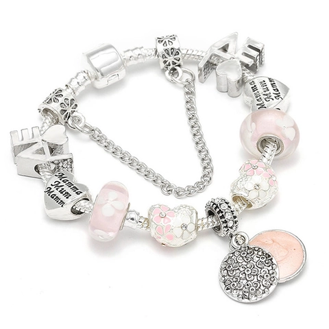 Fashion Alloy Charm Bracelet With Pink Glass Beads And Heart Mamma Pendant Mother's Day Jewelry For Women