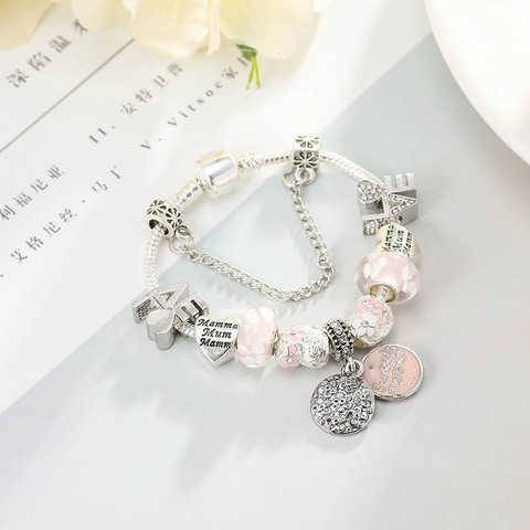 Fashion Alloy Charm Bracelet With Pink Glass Beads And Heart Mamma Pendant Mother's Day Jewelry For Women