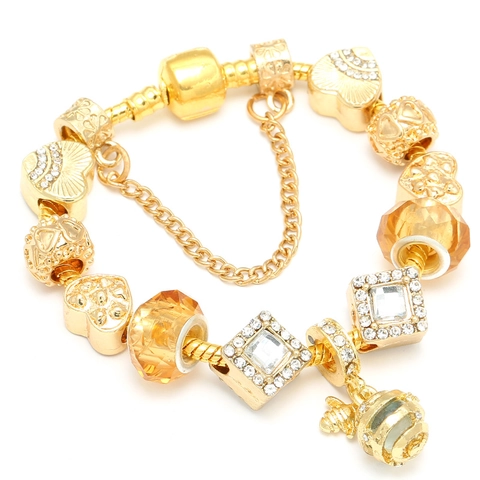 Luxury Alloy Gold Plated Bee Honeycomb Heart Charm Bracelet For Women Rhinestone Glass Beads Snake Chain Safety Chain Jewelry