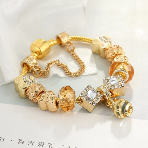 Luxury Alloy Gold Plated Bee Honeycomb Heart Charm Bracelet For Women Rhinestone Glass Beads Snake Chain Safety Chain Jewelry