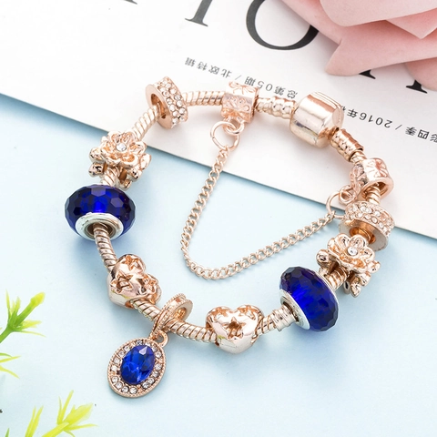 Bracelet Charm en Alliage Or Rose pour Femme avec Strass Bleu Cœur Ajouré Étoile Perles Chaîne Serpent Bijoux Cadeau