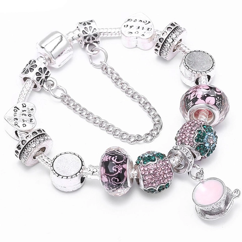 Braccialetto con Charm a Cuore in Lega e Strass Con Perline in Smalto Floreale Rosa Pendente Tazza da Tè Catena di Sicurezza Gioielli Donna