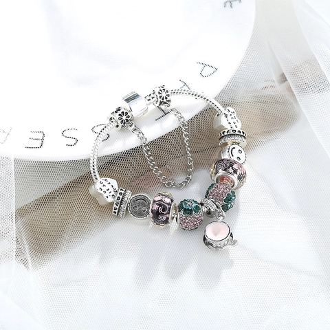 Braccialetto con Charm a Cuore in Lega e Strass Con Perline in Smalto Floreale Rosa Pendente Tazza da Tè Catena di Sicurezza Gioielli Donna