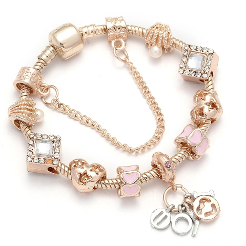 Rose Gold Charm Bracelet For Women Heart Star Pendant With Artificial Pearl Rhinestone Enamel Safety Chain Romantic Jewelry Gift