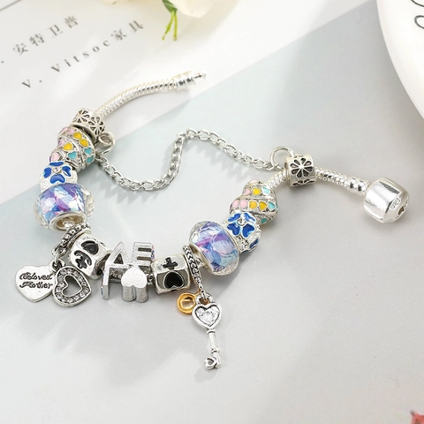 Pulsera de Amuletos DIY para Mujer Cadena de Serpiente de Aleación Con Colgantes de Corazón Flor Cuentas de Vidrio de Murano