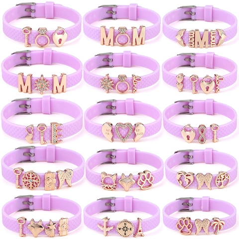 Adjustable Purple Silicone Watch Strap Bracelet With Alloy Sunflower Fruit Animal Charms Rhinestone Jewelry For Kids Women
