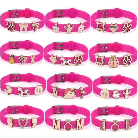 Adjustable Rose Red Silicone Strap Bracelet With Cartoon Alloy Charms For Kids Girls Fashion Jewelry Gift