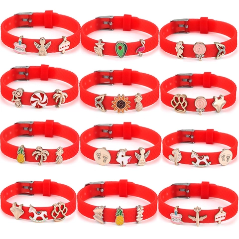 Red Silicone Strap Adjustable Bracelet Alloy Enamel Charms For Women Girls Heart Pineapple Flamingo Unicorn DIY Fashion Jewelry