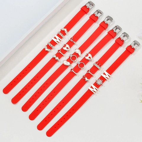 Red Silicone Strap Adjustable Bracelet Alloy Enamel Charms For Women Girls Heart Pineapple Flamingo Unicorn DIY Fashion Jewelry