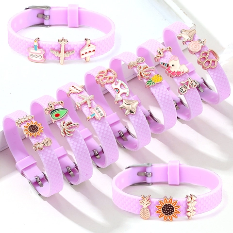 Adjustable Purple Silicone Watch Strap Bracelet With Alloy Sunflower Fruit Animal Charms Rhinestone Jewelry For Kids Women