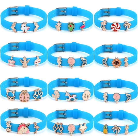 Adjustable Blue Silicone Charm Bracelet For Women Kids Cute Alloy Enamel Animal Plant Mom Charms Rhinestone Fashion Jewelry Gift