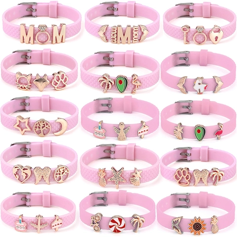 Bracelet Charm en Silicone Rose Réglable Série Été Alliage Ananas Flamant Rose Palmier Coeur Strass Bracelet en Perles pour Femmes Filles